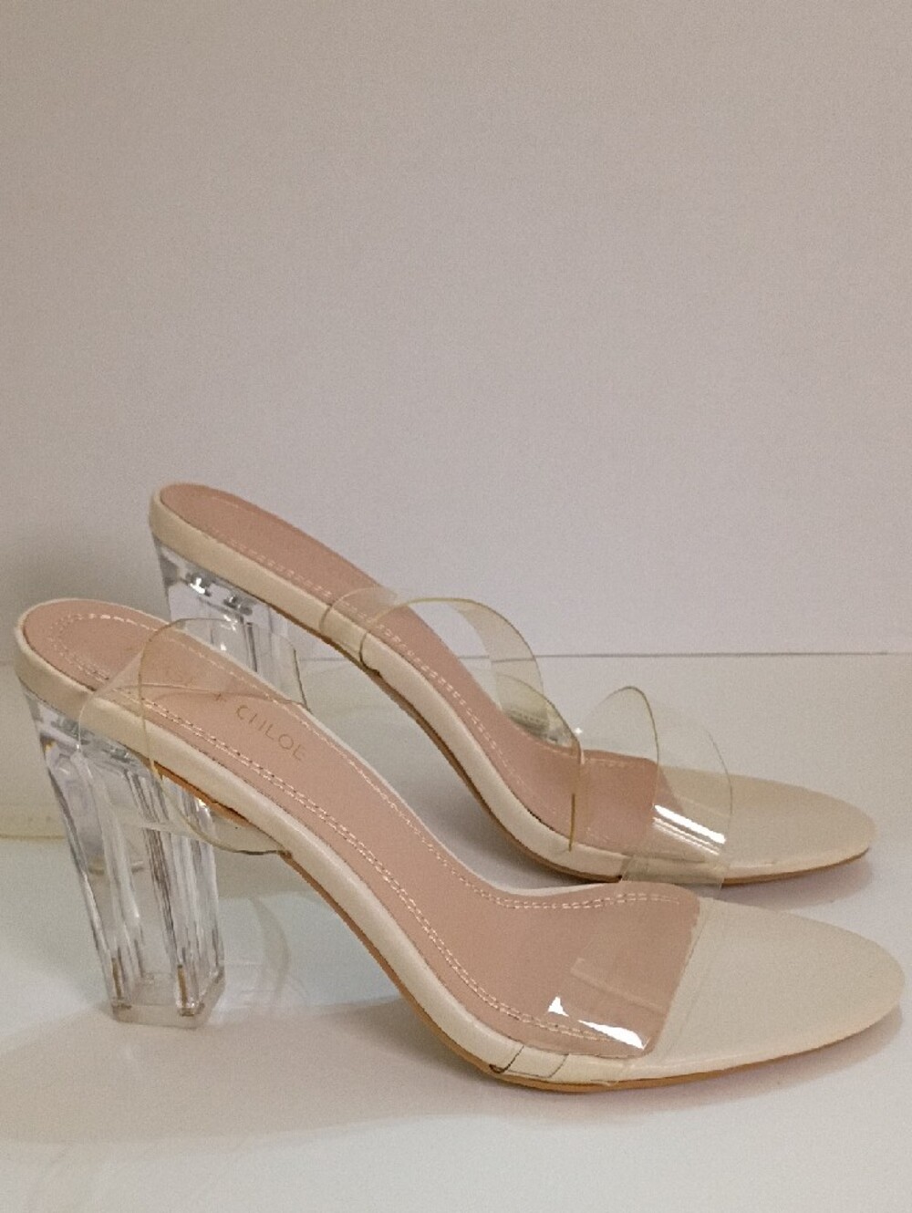 Cream Clear Strap Block Heel Mules - Picture 2 of 7